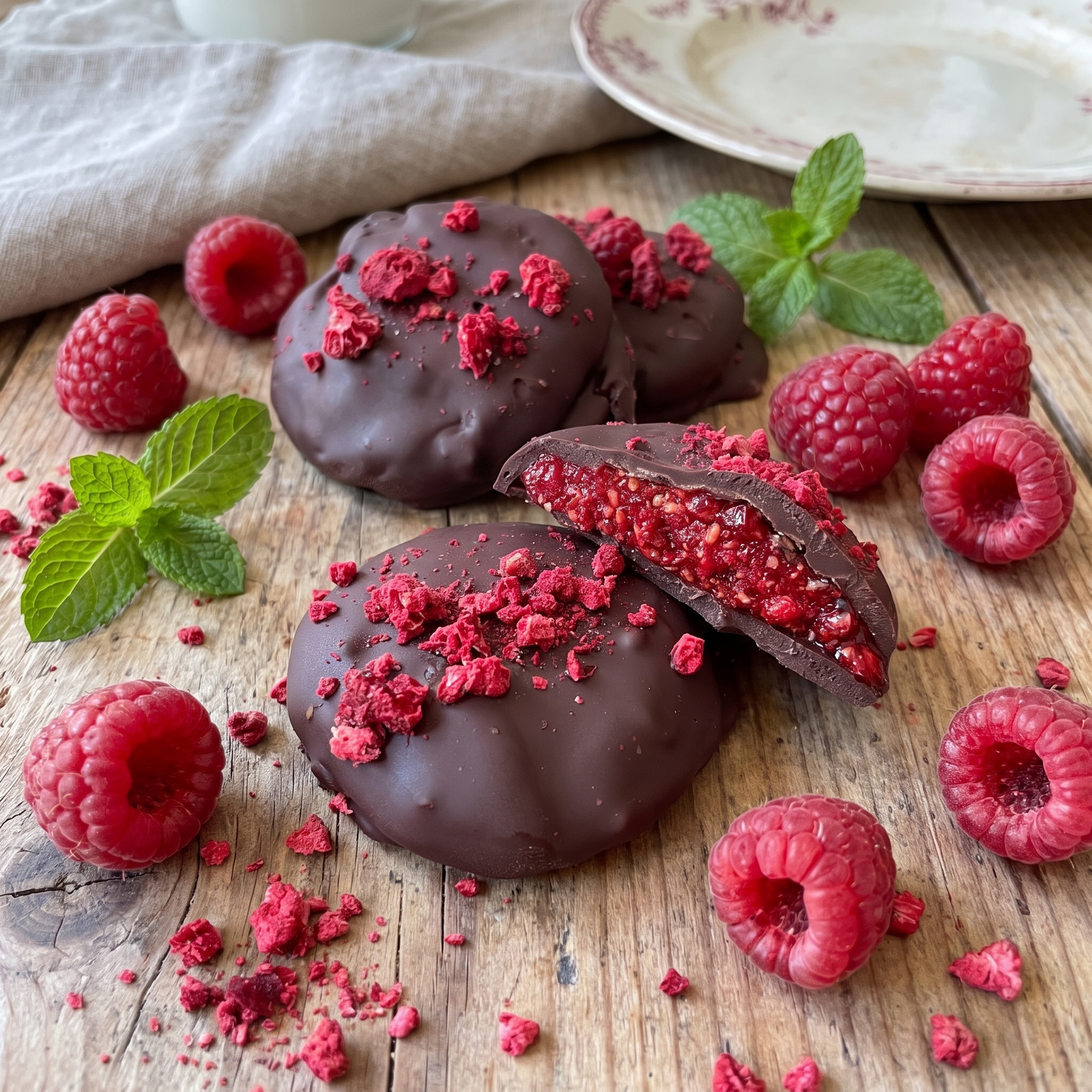Low Carb gefrorene Himbeer Chia Taler mit Schokolade