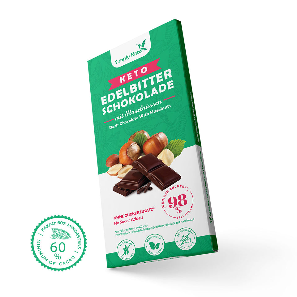 Keto Edelbitter Schokolade mit Haselnüsse | 60% Kakao