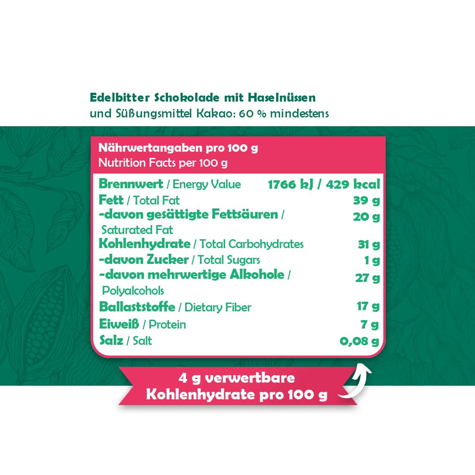 Keto Edelbitter Schokolade mit Haselnüsse | 60% Kakao