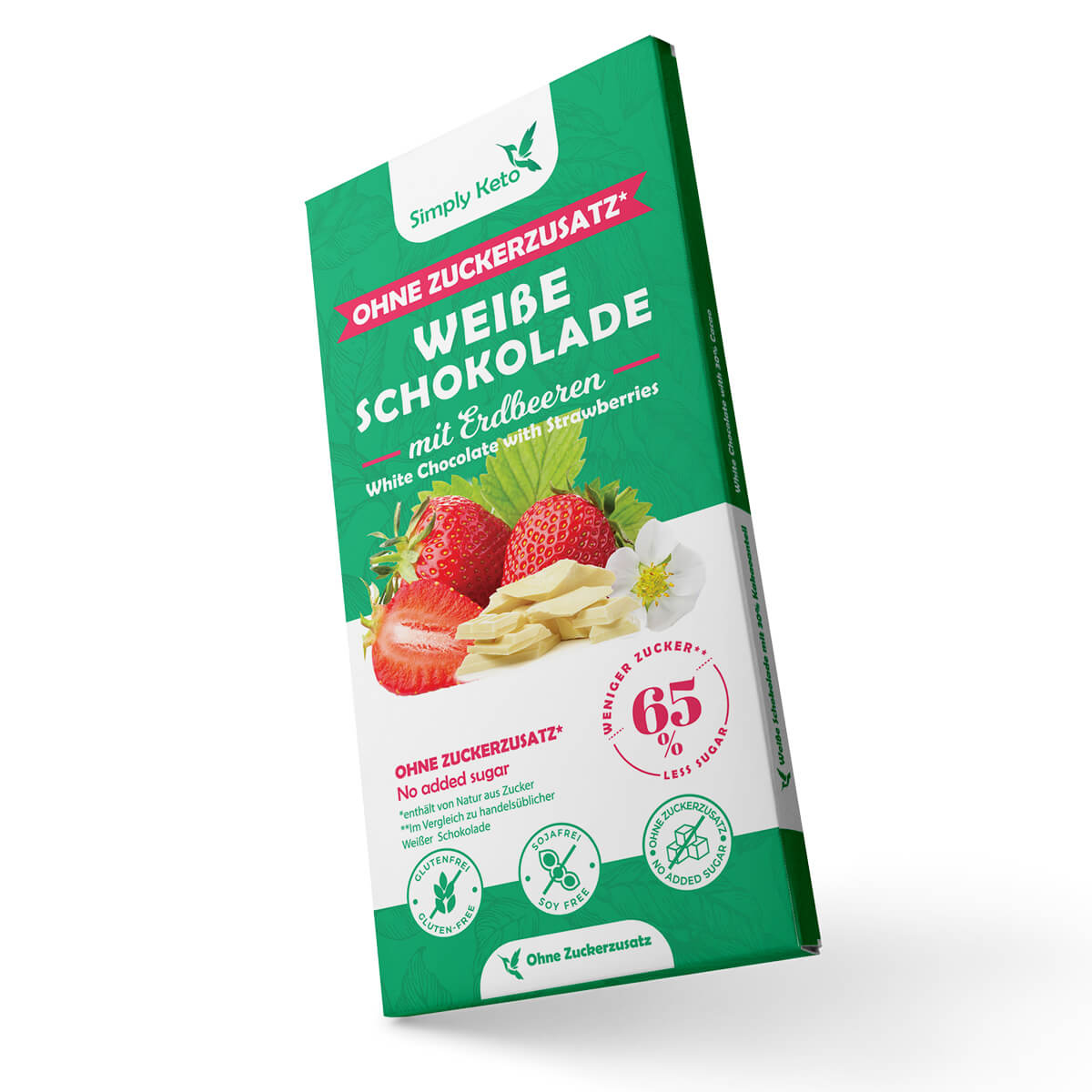 Zuckerreduzierte Weiße Schokolade mit Erdbeeren | 30% Kakao