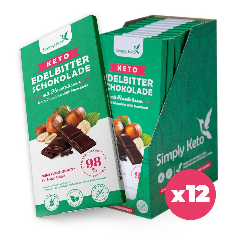 Keto Edelbitter Schokolade mit Haselnüsse | 60% Kakao | 12er Pack