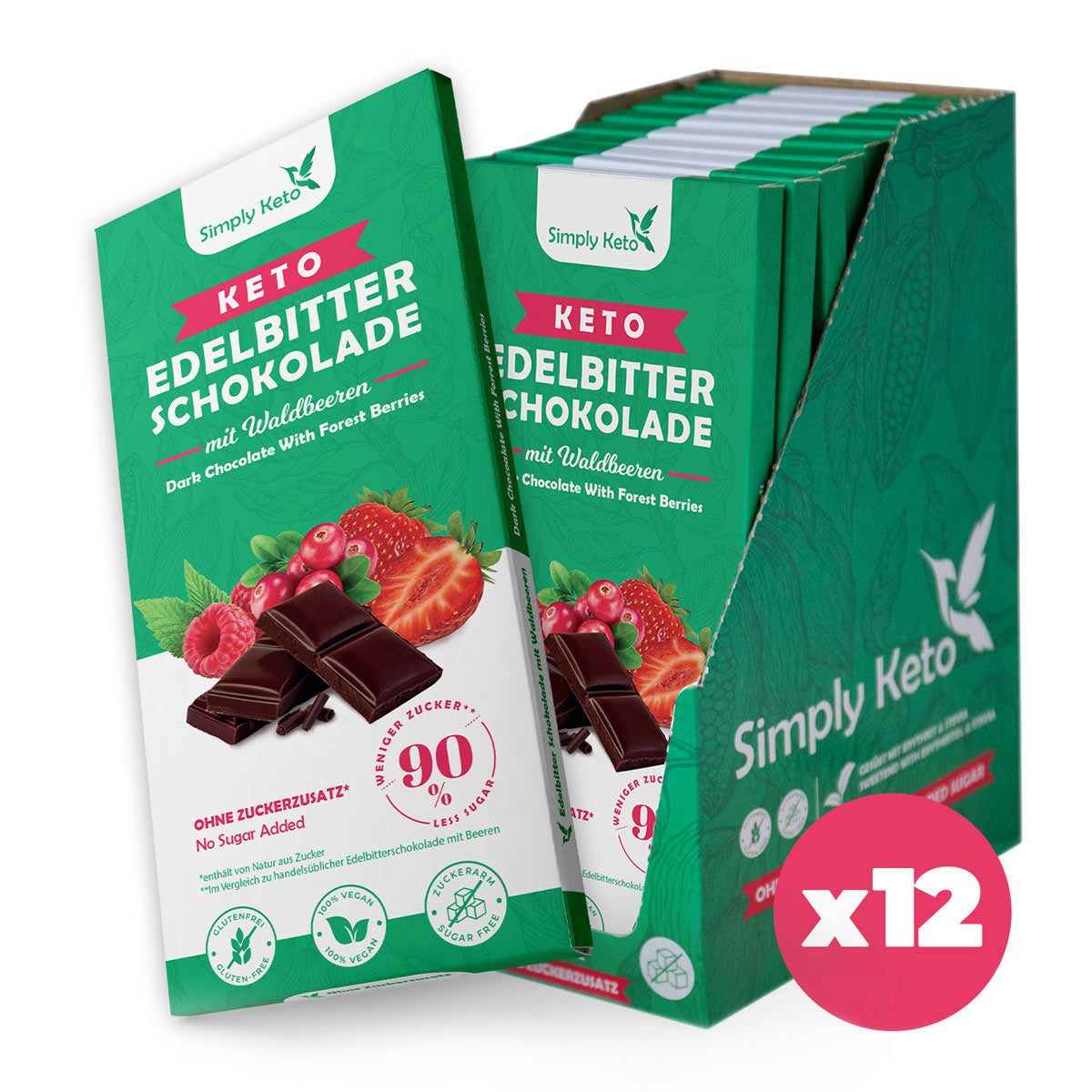 Keto Edelbitter Schokolade mit Waldbeeren | 60% Kakao | 12er Pack