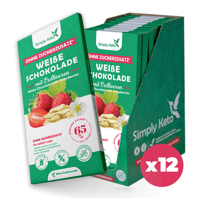 Zuckerreduzierte Weiße Schokolade mit Erdbeeren | 30% Kakao | 12er Pack